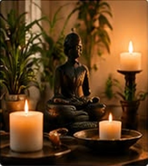 Candles and a Buddha statue in a calm room